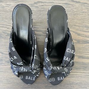 BALENCIAGA Jacquard Allover Logo Drapy 80mm Sandals Size 7 Black White
